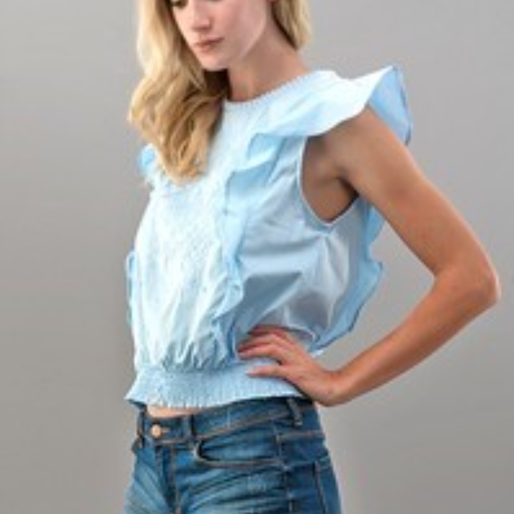 Light Blue smocked embroidered sleeveless top - Picture 2 of 4